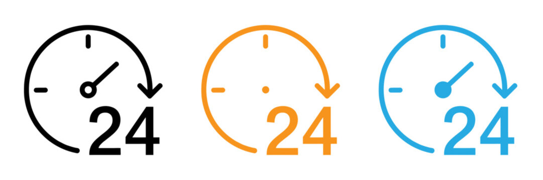 Three colorful 24 hour clock icons representing round the clock service and time