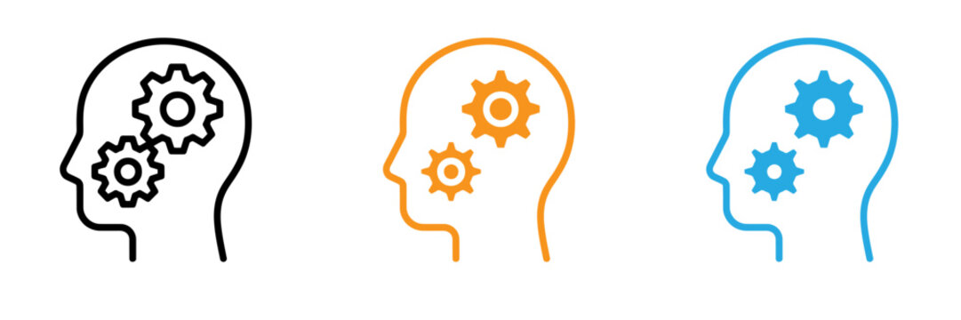 Human head silhouettes with gears inside representing thought process and innovation