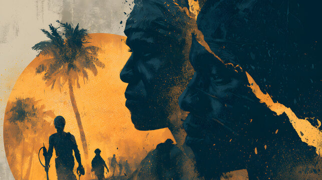 n old sepia illustration, faded and condescending, crumbling and struck through as it dissolves into deep-indigo shadow, 