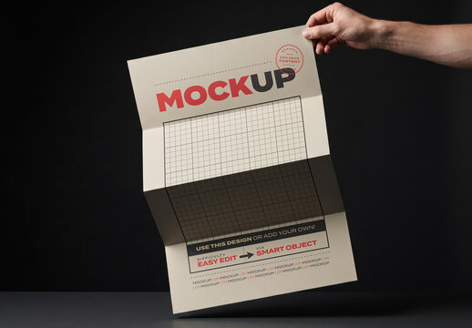 Hand Holding Folded Four Accordion Flyer Page Poster Mockup