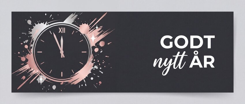 New Year clock banner background with rose gold splash art and Godt Nytt &Aring;r text for festive countdown celebration header, Scandinavian holiday greeting design with minimalist elegant style.