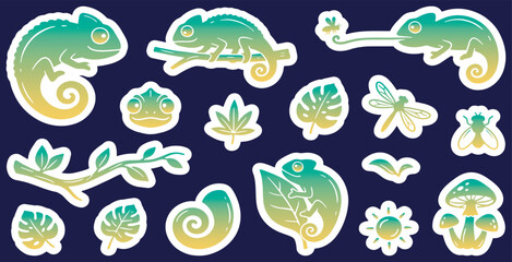 Obraz premium Collection of cute chameleon stickers with leaves, insects, and mushrooms on a dark blue background.