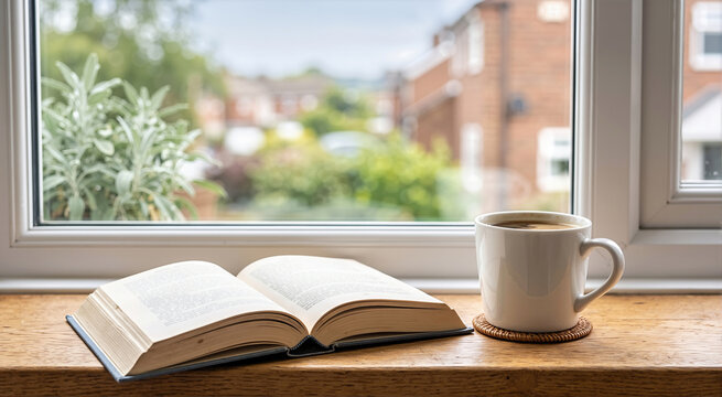 Open book and white ceramic coffee mug on an oak windowsill. Cozy morning reading scene with a view of a suburban garden. Relaxation and home comfort concept