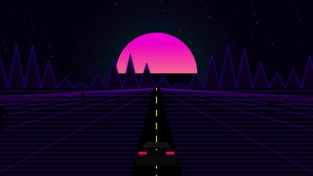 Retro synthwave animation driving toward pink sun