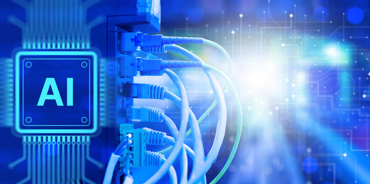 Artificial intelligence computing. AI processor connects to network servers for data processing, machine learning, cloud computing and digital infrastructure.
