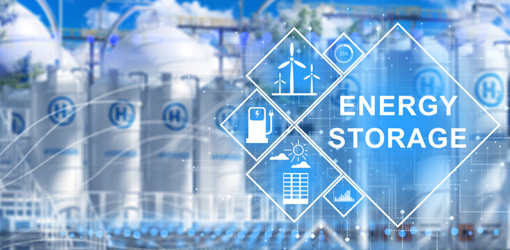 Energy storage. Hydrogen storage facility supports renewable electricity accumulation, conversion and distribution from wind and solar power systems.
3D image