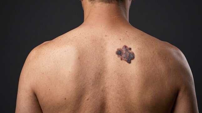Close up view of a large dark irregular mole on the upper back of a man's bare shoulder