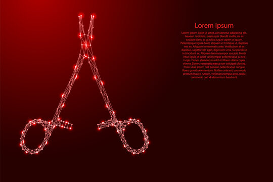 surgical metal medical open clamp from futuristic polygonal red lines and glowing stars for banner, poster, greeting card