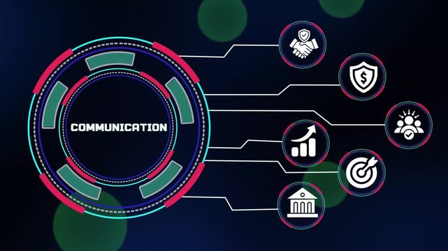 COMMUNICATION business network dashboard connecting customers, teams, partnerships, financial security and growth objectives in a modern digital interface.