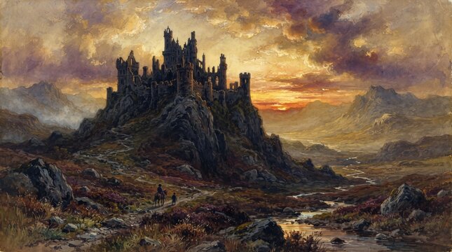 Medieval stone castle on rocky mountain peak, dramatic sunset landscape oil painting, ancient fortress ruins in highland valley