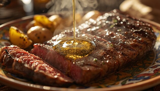 A freshly grilled Florentine T-bone steak sliced into thick juicy pieces on a traditional Tuscan ceramic plate, captured as golden extra virgin olive oil is being gently drizzled over the steak