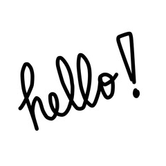 handwritten black "hello!" typography text on a transparent background © TyaGallery