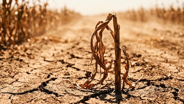 Dead wilted crop standing in cracked dry farmland representing drought and agricultural crisis from water shortage