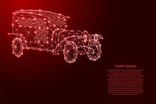 vintage retro car from futuristic polygonal red lines and glowing stars for banner, poster, greeting card