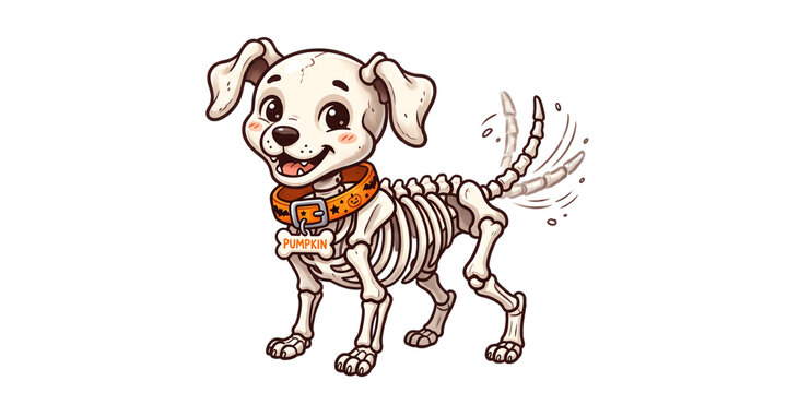 Cute cartoon skeleton puppy with a collar isolated on transparent background