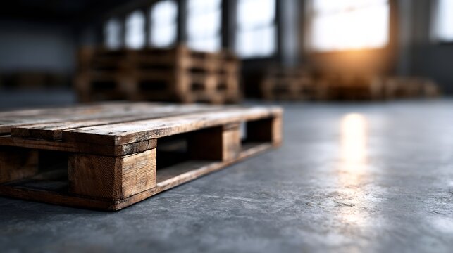 Empty wooden pallet on concrete floor in sunset-lit warehouse for storage and shipping concepts
