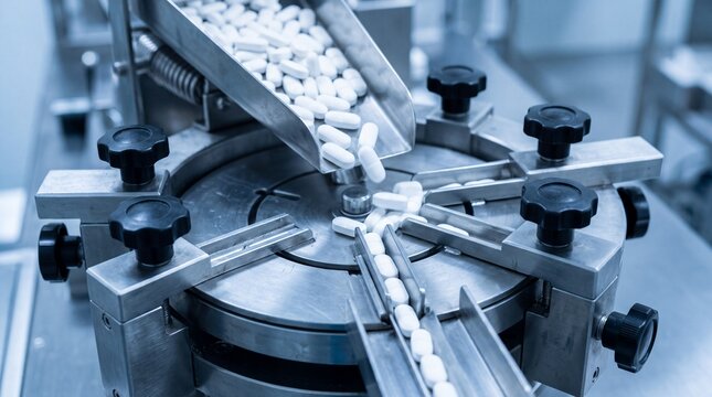 Pills sorting and packaging on modern industrial pharmaceutical machinery in a clean laboratory