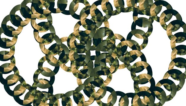 Abstract interlocking circular rings form a dense organic pattern with earthy green and brown texture.