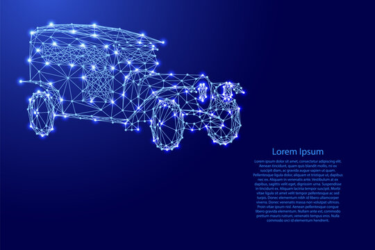 vintage retro car from futuristic polygonal blue lines and glowing stars for banner, poster, greeting card