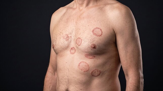 Close up of a shirtless man's torso showing multiple circular red skin rashes and irritated spots on chest