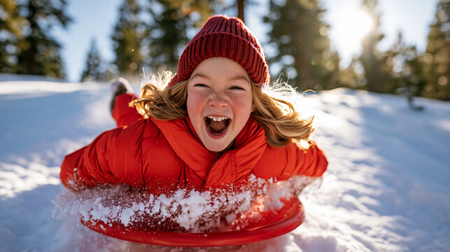Girl sledding down snowy hill with joyful laughter. Winter fun, snow spray in motion, bright sunny outdoor childhood adventure.