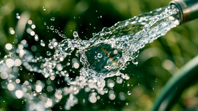 Water bursting from garden hose with faint rainbow in droplets. Fresh summer gardening, watering irrigation, vivid sunlit macro splash.