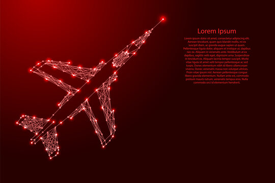 fighter jet aircraft from futuristic polygonal red lines and glowing stars for banner, poster, greeting card