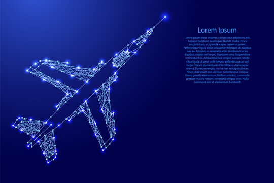 fighter jet aircraft from futuristic polygonal blue lines and glowing stars for banner, poster, greeting card
