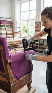 A skilled craftswoman meticulously upholsters an antique armchair with vibrant purple fabric, using a pneumatic stapler in a bright, sunlit workshop filled with tools and furniture parts.