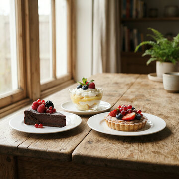 Three berry desserts on white plates by a paned window and a bookshelf