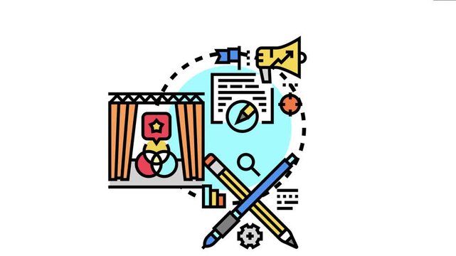 Conceptual showing various elements of brand identity development, including custom logo design, marketing strategy, creative product development, and visual presentations