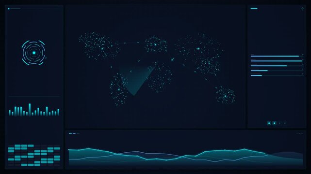 Futuristic digital analytics dashboard featuring global network map and graphs.