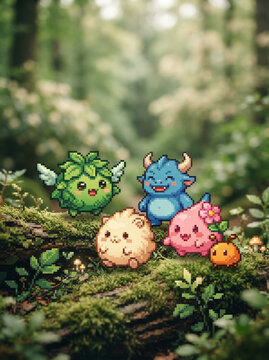 Four pixel art creatures on a mossy log with mushrooms in a soft forest