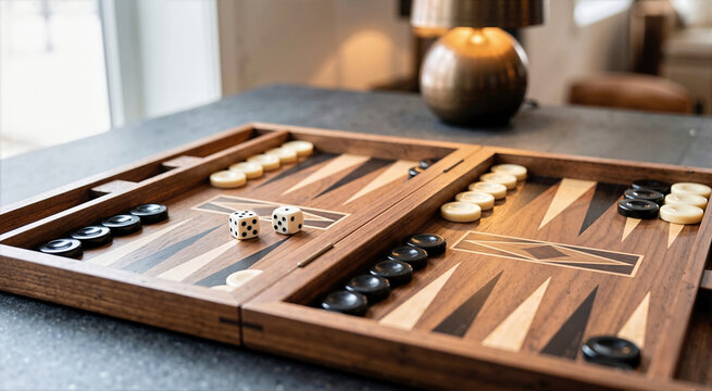 Classic backgammon board made of walnut wood with inlay. Wooden board game with white dice and checkers on a charcoal table. Leisure and entertainment concept