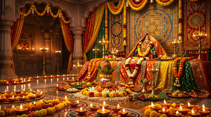 Fototapeta premium Traditional Hindu altar with glowing oil lamps for Diwali.