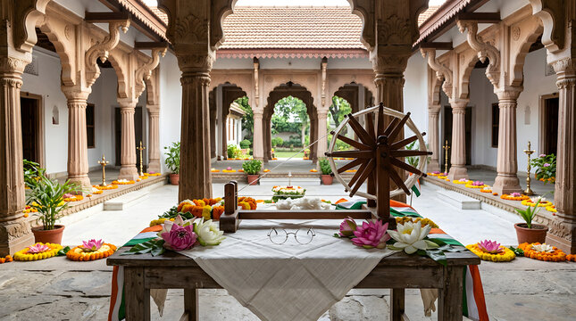 Traditional wooden charkha spinning wheel in a heritage courtyard