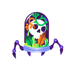 Obraz premium Spooky skull under glass cap on robotic legs. Monster robot with dead head in container. Sticker for Halloween decor. Scary machine character. Flat isolated vector illustration on white background