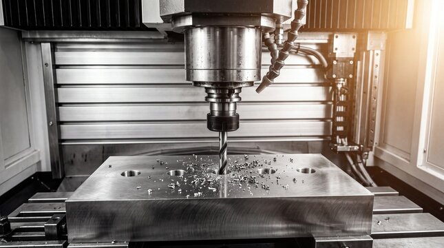 CNC milling machine working on metal block in a modern industrial manufacturing workshop