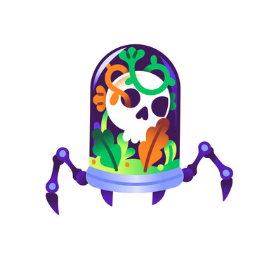 Spooky skull under glass cap on robotic legs. Monster robot with dead head in container. Sticker for Halloween decor. Scary machine character. Flat isolated vector illustration on white background