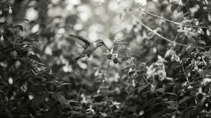 Fototapeta premium Monochrome hummingbird hovering beside small flowers in dense green foliage