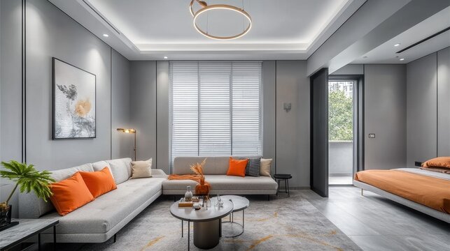 Modern living room with orange accents and an adjacent bedroom