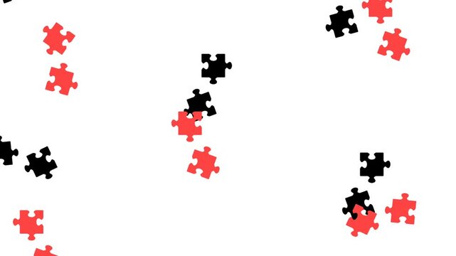 Minimalist abstract animation of red and black jigsaw puzzle pieces floating, connecting, and rotating on a clean white background. Perfect for business strategy, teamwork, and solution concepts.
