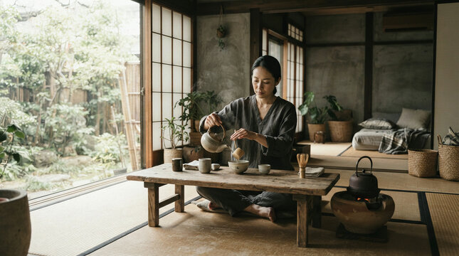 Woman seated on tatami mat pouring tea from metal teapot into ceramic cup in serene tea room