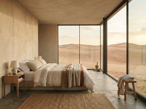 Minimalist bed and nightstand at a tall window over desert dunes and hills
