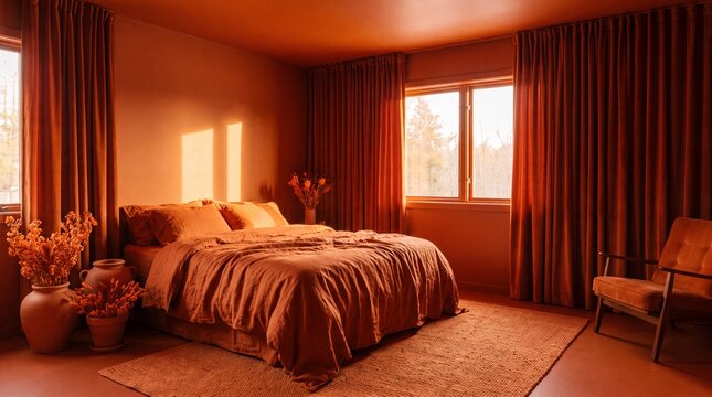 Terracotta Bedroom with Linen Bedding and Armchair