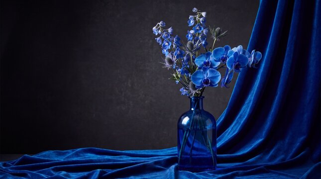 Blue Orchids and Delphiniums in a Blue Glass Bottle