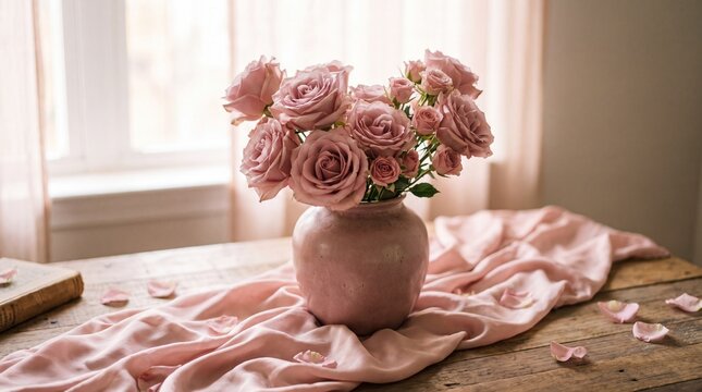 Pink Roses Bouquet in Ceramic Vase on Wooden Table