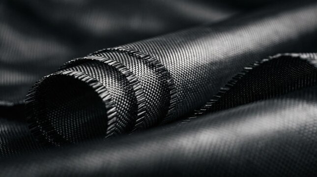 Close up of high quality black carbon fiber cloth roll with technical woven texture for industrial composite manufacturing