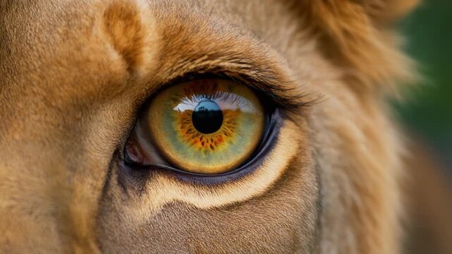 Extreme macro photorealistic footage of one majestic lion eye, unmistakable African lion anatomy with a striking green-hazel iris