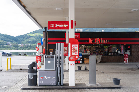 August 17, 2026, Voss, Norway - Esso gas station with Synergy fuel pumps and Deli de Luca convenience store